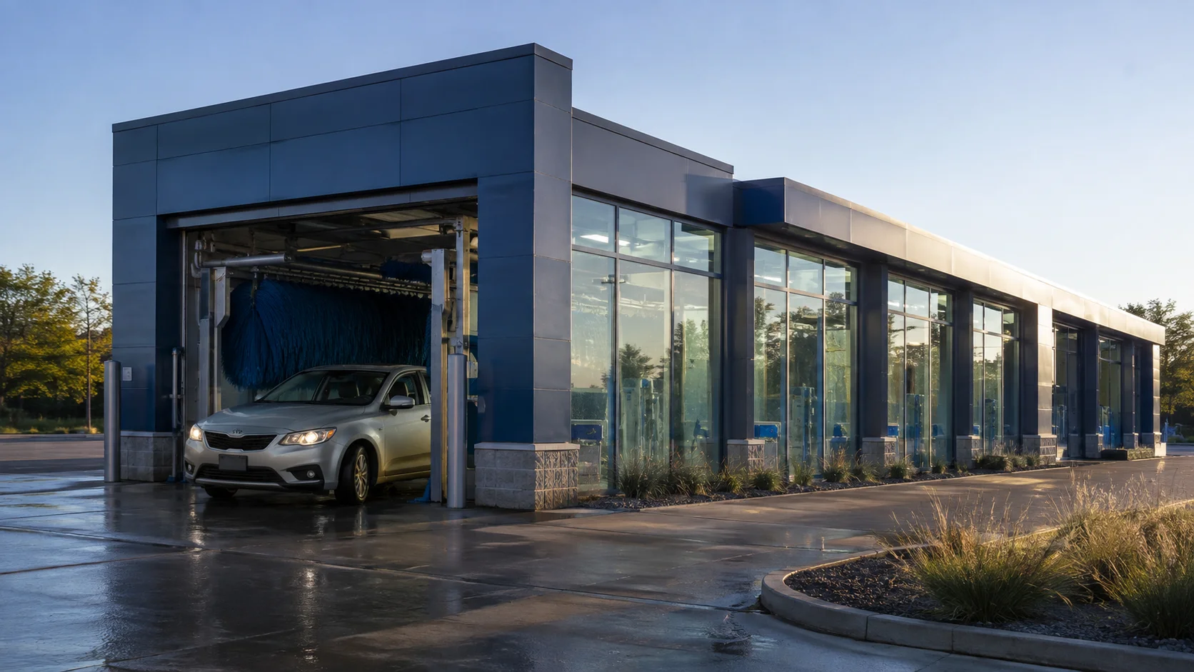 Illustration of a modern car wash exterior in morning light